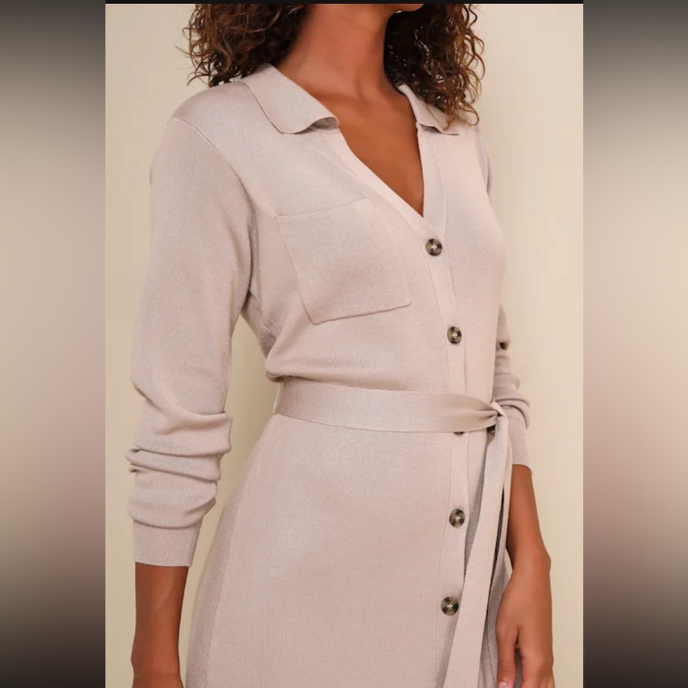 NWT Lulus Charming Comfort Beige Collared Button-up Sweater Dress - Size XS - Picture 2 of 5